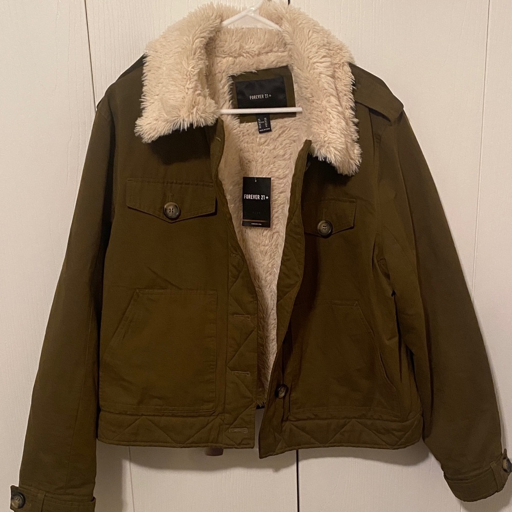Forever 21 Olive Aviator Jacket with Cream Faux Fur Collar